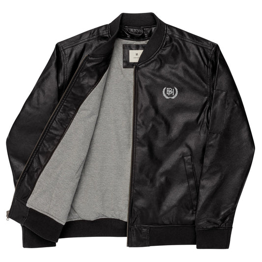 Brotherhood faux leather bomber jacket black opened front.