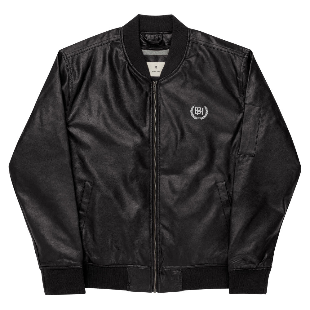 Brotherhood faux leather bomber jacket black closed front.