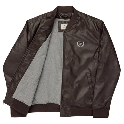Brotherhood faux leather bomber jacket brown opened front.