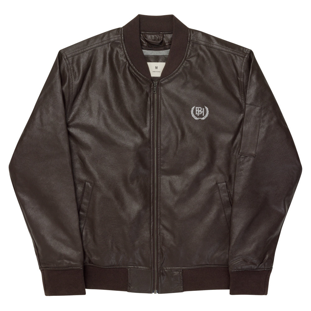 Brotherhood faux leather bomber jacket brown closed front.
