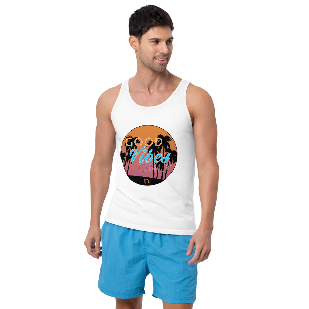 Guy wearing Good vibes only white tank top, front