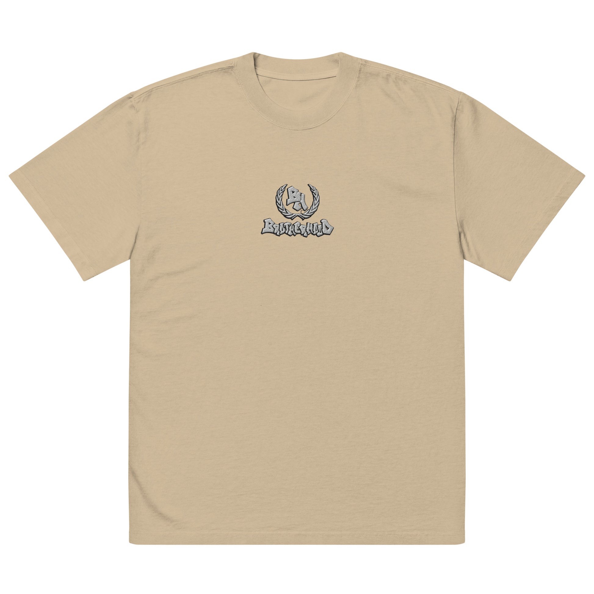 Oversized faded t-shirt faded khaki. A loose-fitting, worn-out t-shirt with the word "Brotherhood" and the Brotherhood Logo printed on it