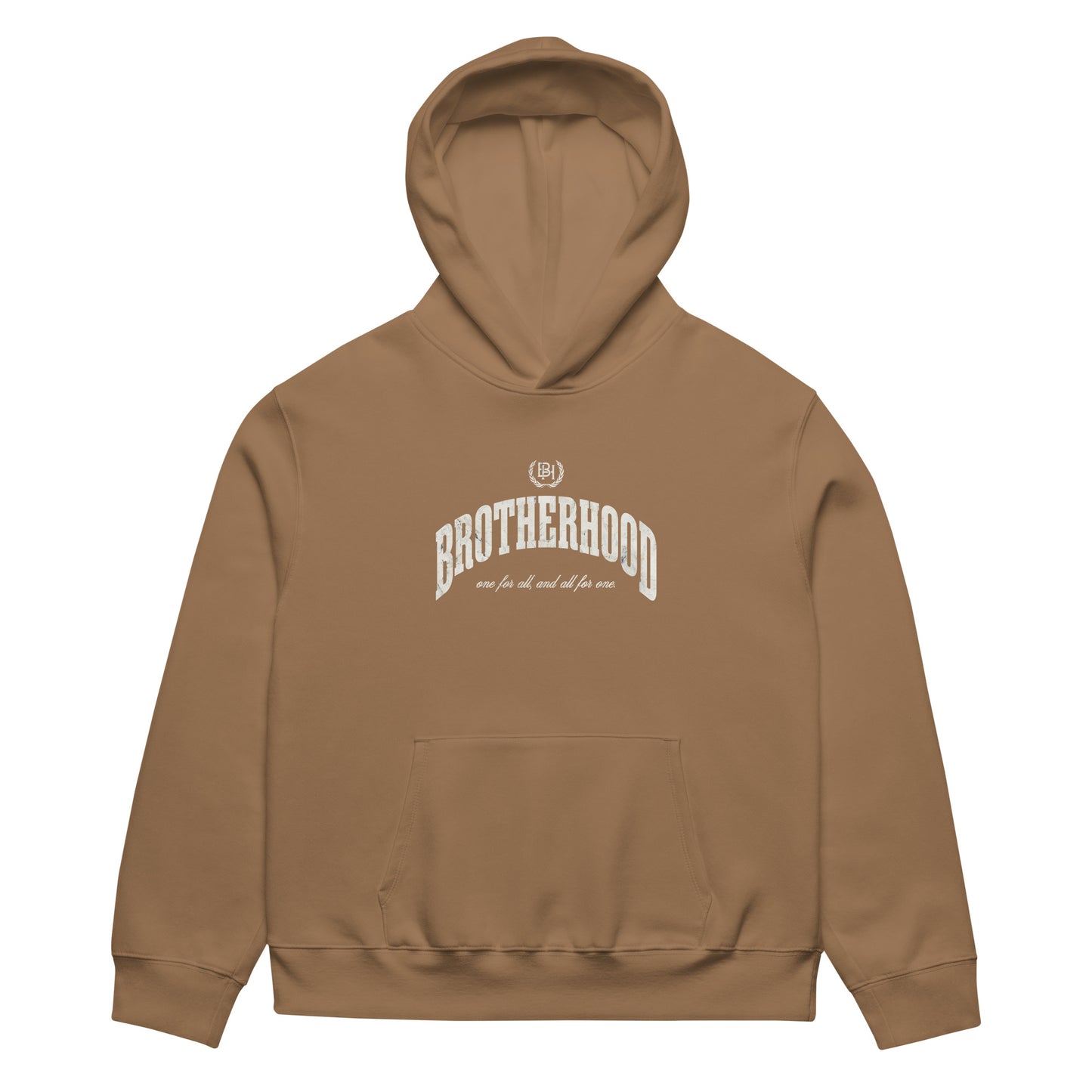 vintage brown hoodie with a white text 'brotherhood' and 'Brotherhood Apparel' logo on a white background