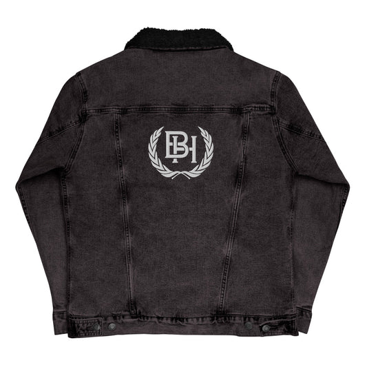 Brotherhood Apparel Unisex black sherpa denim jacket, back. Brotherhood logo printed in the back.