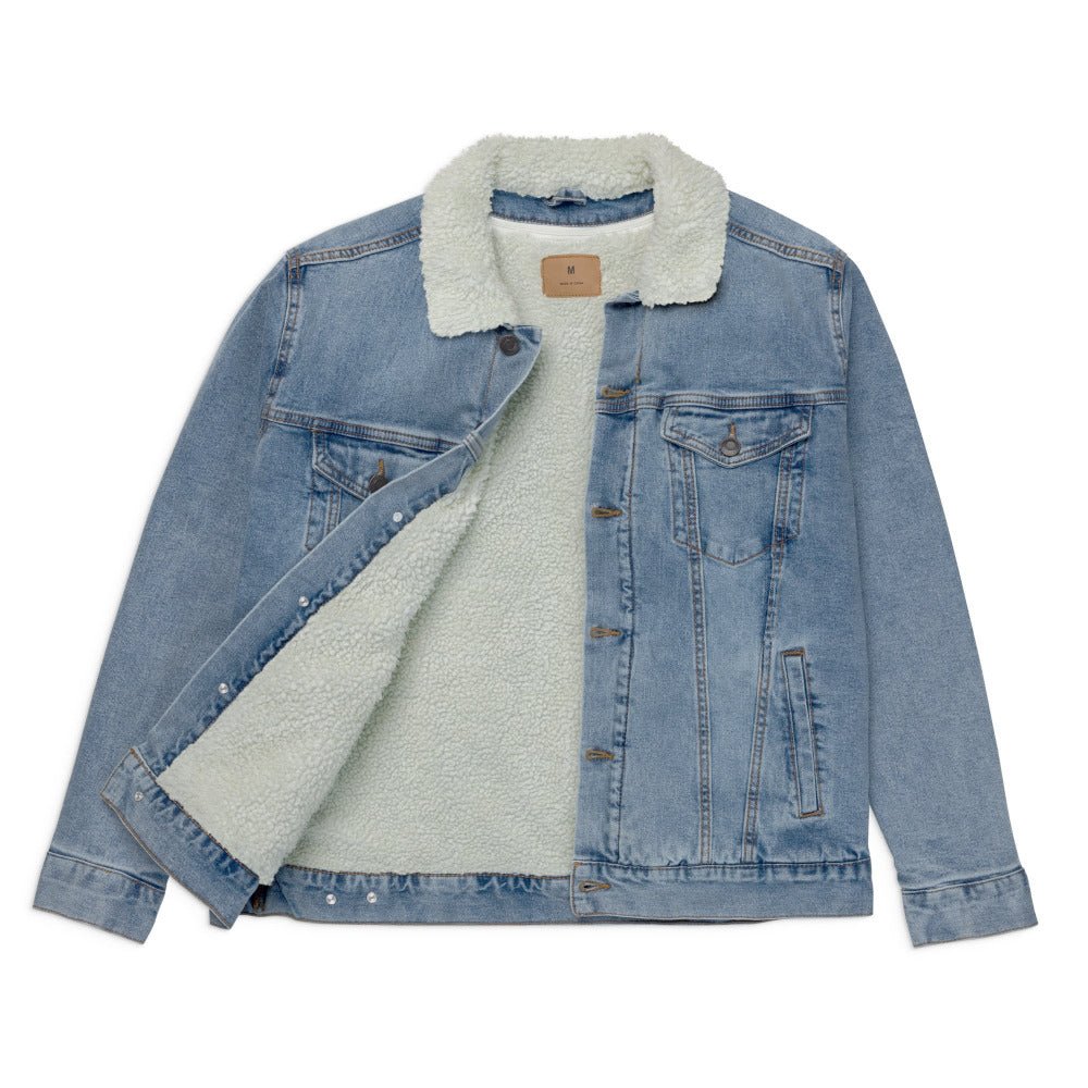 Brotherhood Apparel Unisex white sherpa denim jacket, front view.