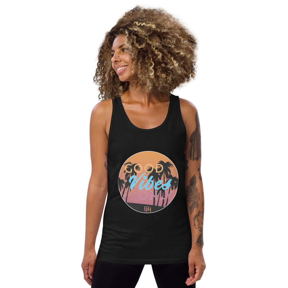 Girl wearing Good vibes only black tank top, front