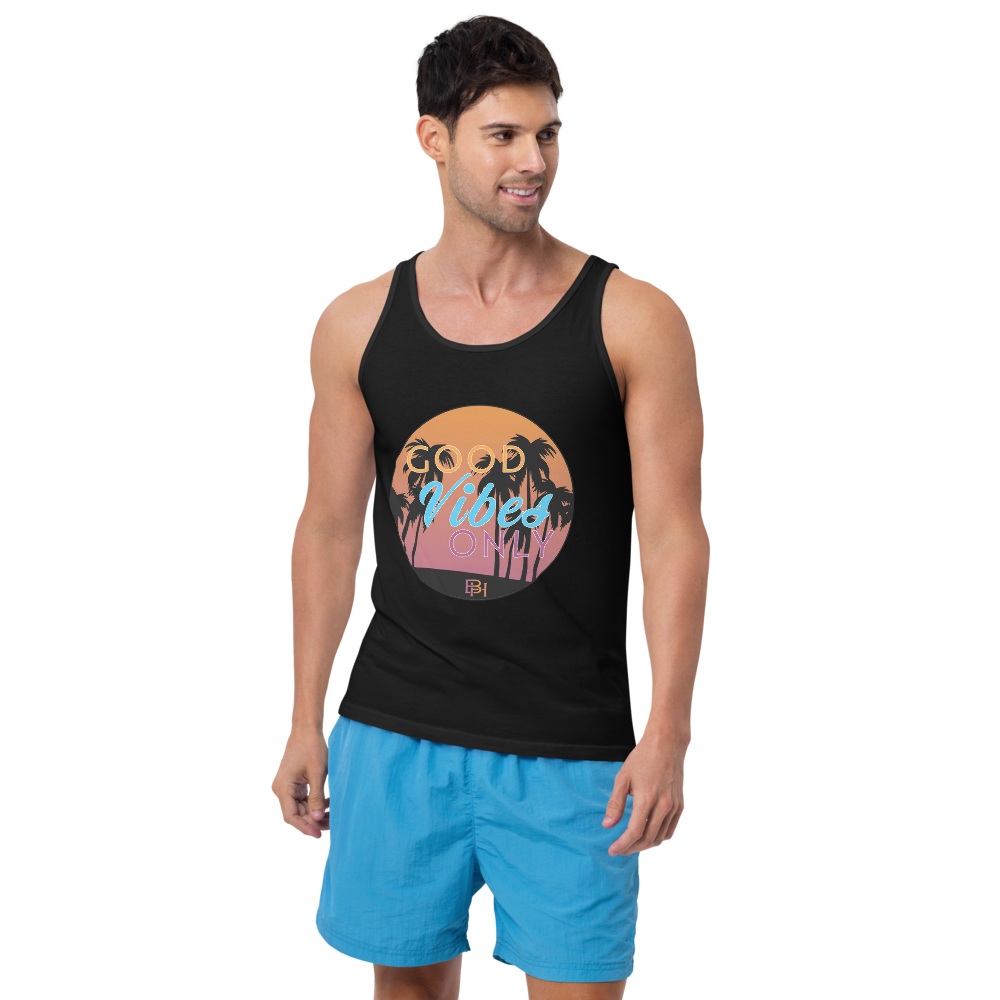 Guy wearing Good vibes only black tank top, front