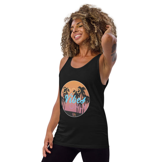 Girl wearing Good vibes only black tank top, side view