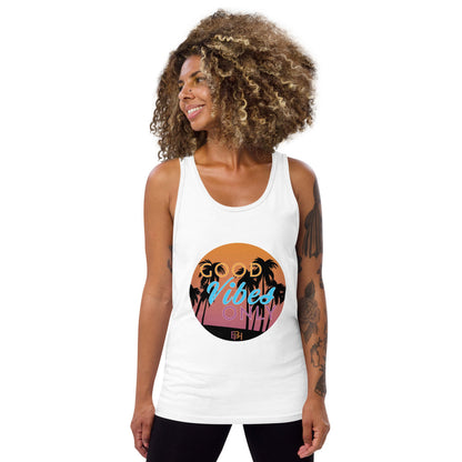 Girl wearing Good vibes only white tank top, front