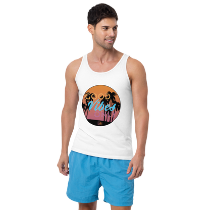 Guy wearing Good vibes only white tank top, front