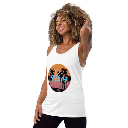 Girl wearing Good vibes only white tank top, side