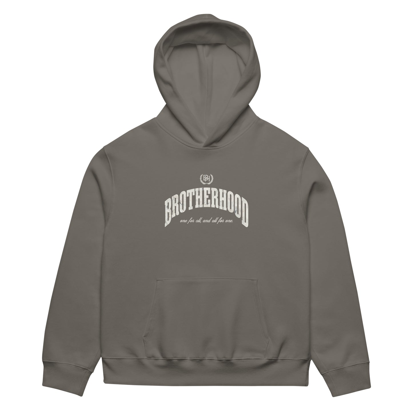 Gray hoodie with a white text 'brotherhood' and 'Brotherhood Apparel' logo on a white background