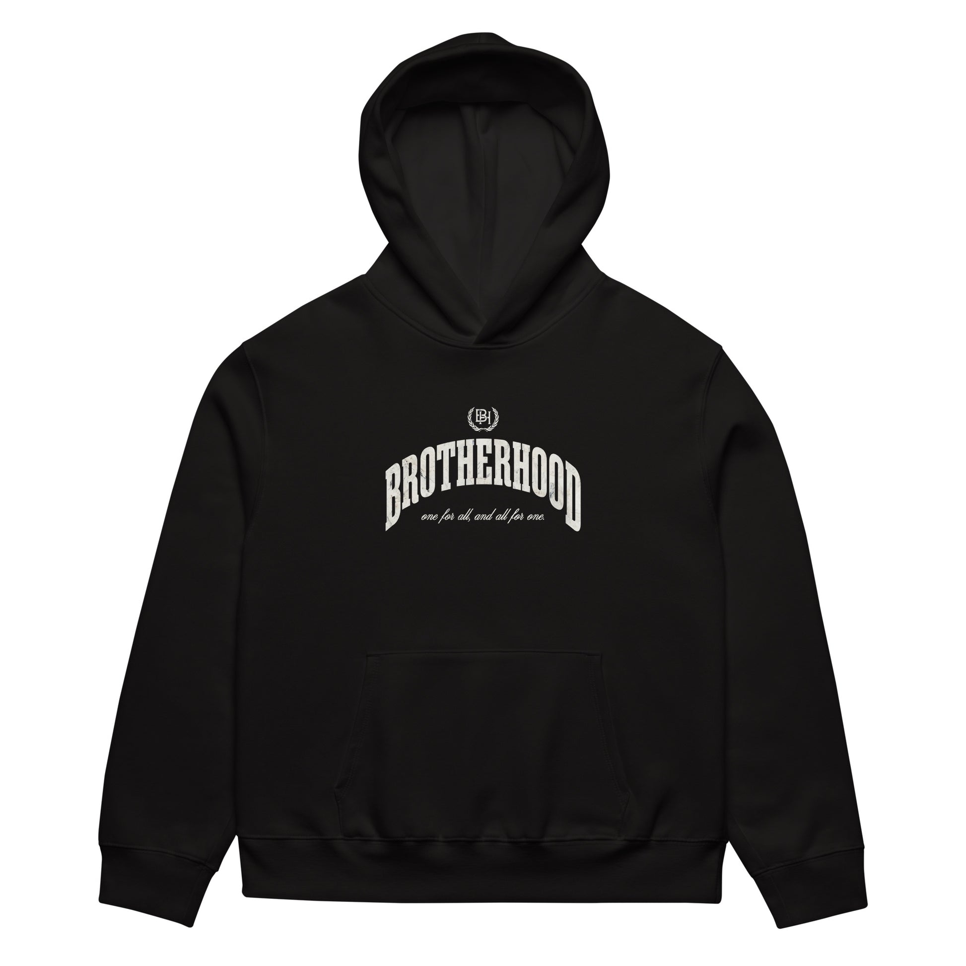 black hoodie with a white text 'brotherhood' and 'Brotherhood Apparel' logo on a white background