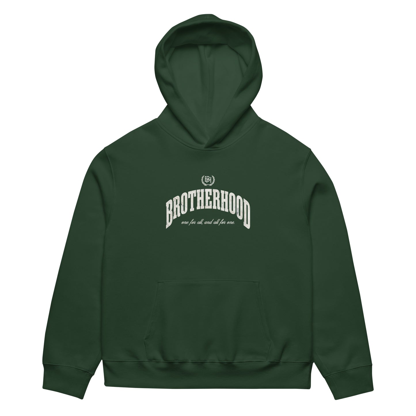 Forest color hoodie with a white text 'brotherhood' and 'Brotherhood Apparel' logo on a white background