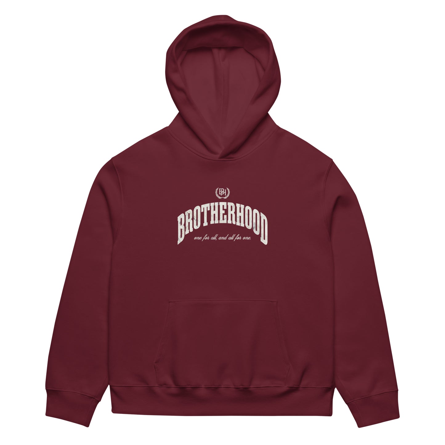 Maroon hoodie with a white text 'brotherhood' and 'Brotherhood Apparel' logo on a white background