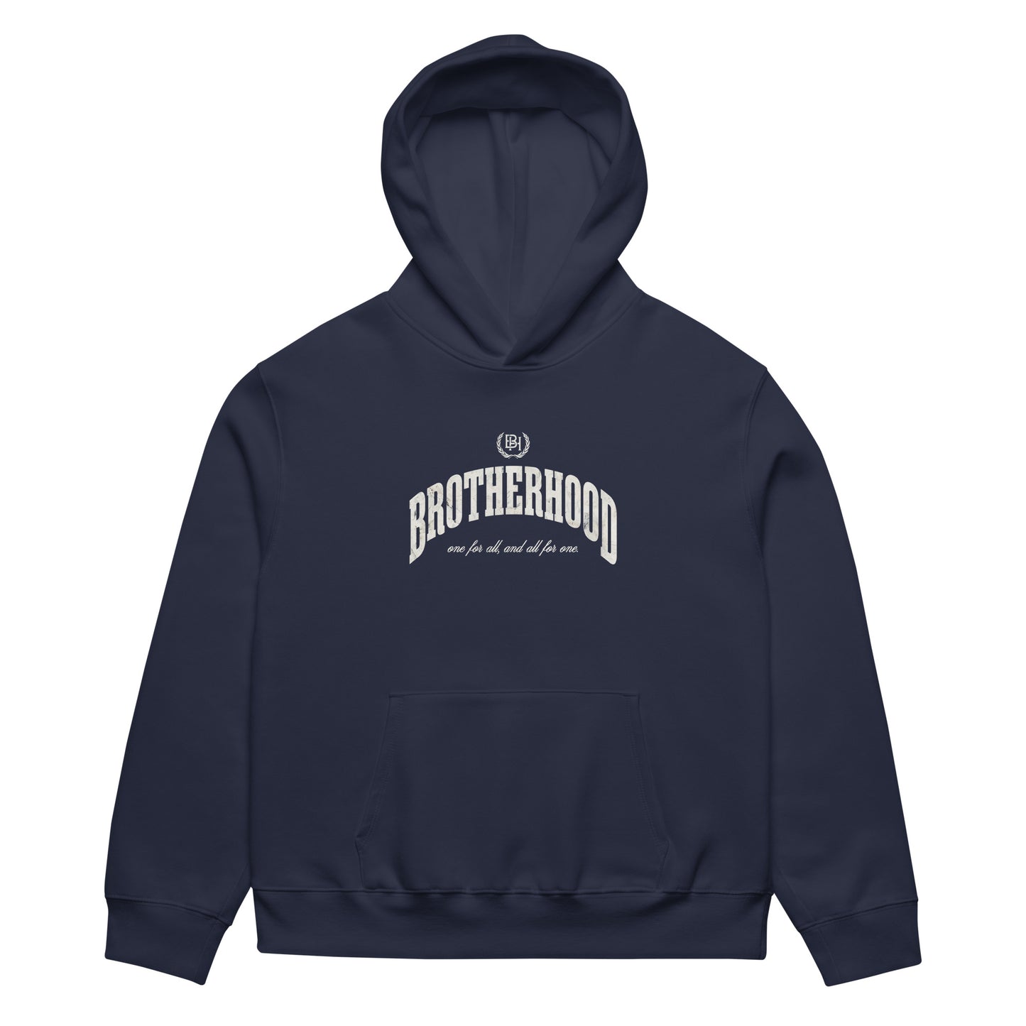 navy blue  hoodie with a white text 'brotherhood' and 'Brotherhood Apparel' logo on a white background