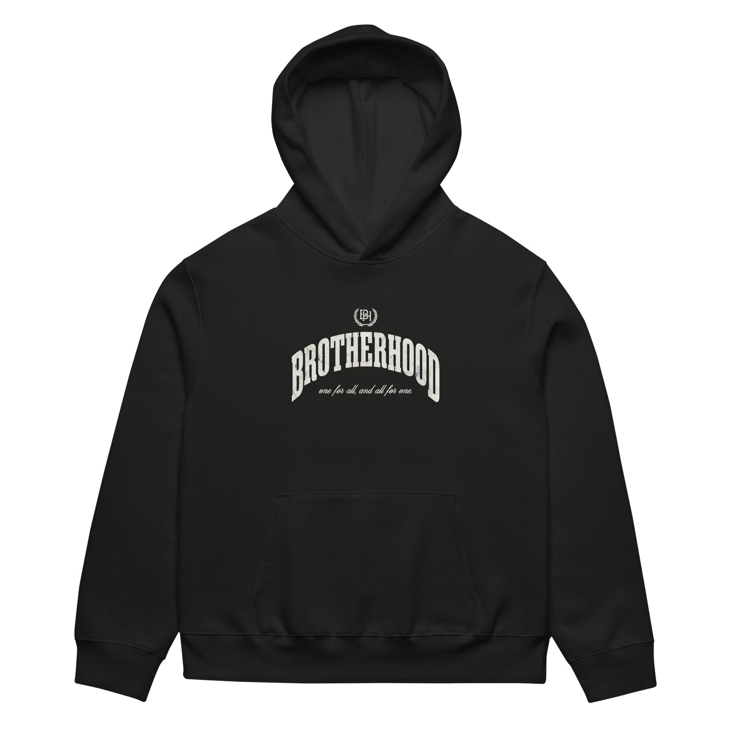 vintage black hoodie with a white text 'brotherhood' and 'Brotherhood Apparel' logo on a white background